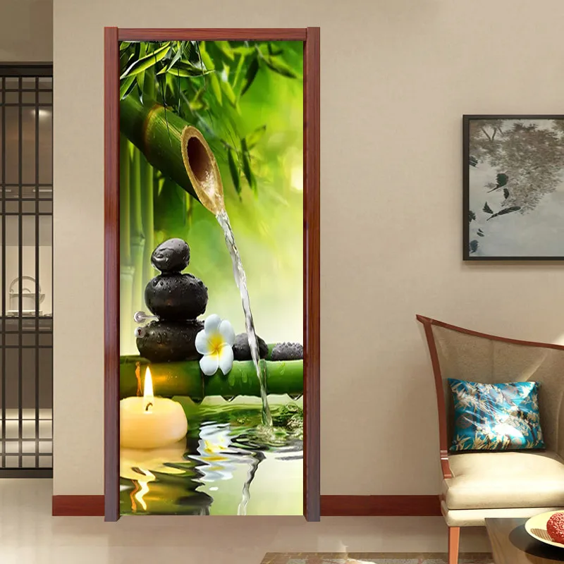 3D обои в китайском стиле с зеленым бамбуковым пейзажем, наклейка на дверь для гостиной, столовой, домашний декор, ПВХ, водонепроницаемая наклейка из 2 частей