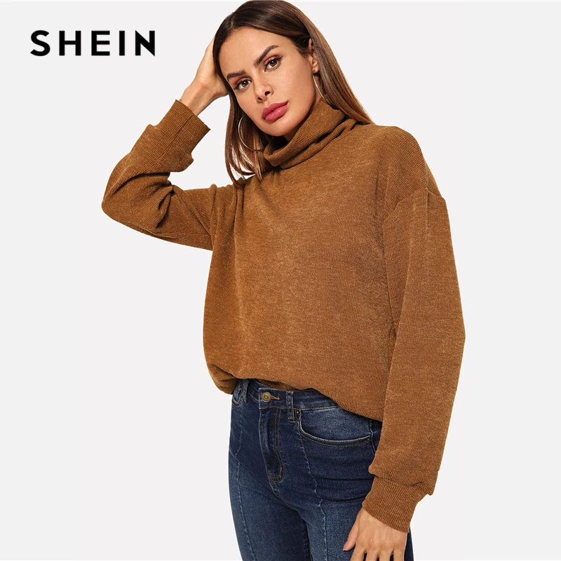 SHEIN Одноцветный Пуловер С Высоким Вырезом 2019 Повседневные Джемперы Длинным