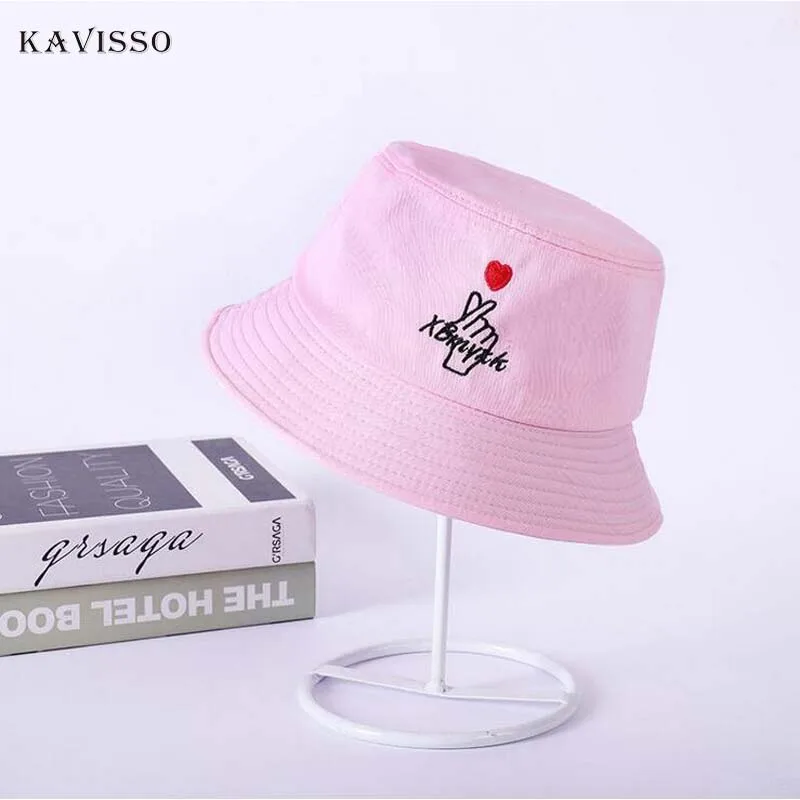 Перо панамка с вышивкой Женская мода Любовь хлопковая рыболовная шляпа женская летняя Солнцезащитная шляпа хлопок плоская шляпа 6 цветов - Цвет: Розовый