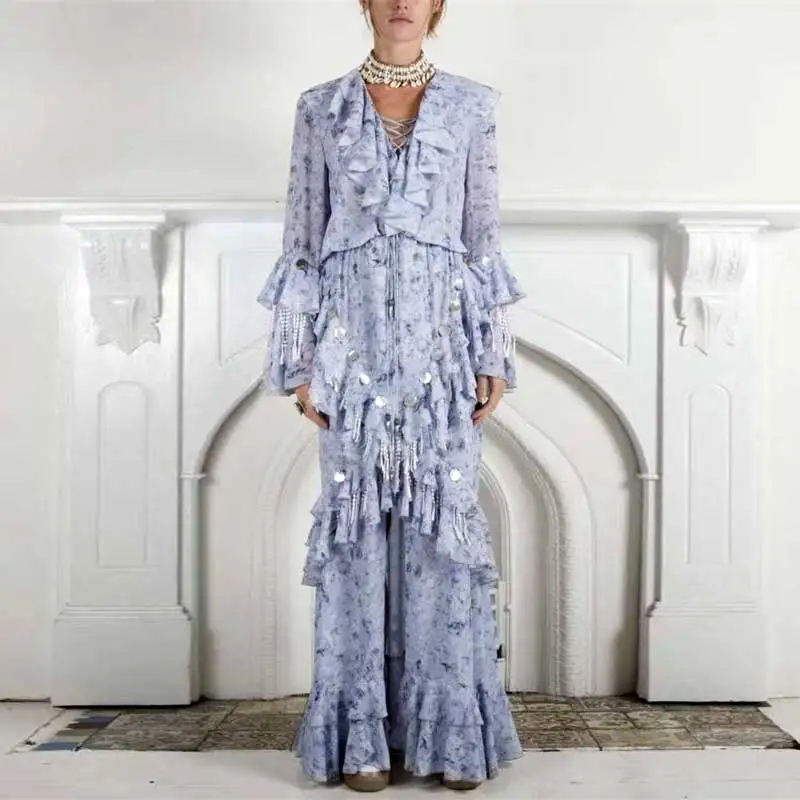 

BOHO INSPIRED 2019 party dress blue floral print ruffles summer dresses V-neck Asymmetrical maxi dress long sleeve women dress