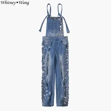 WHITNEY WANG весна лето мода уличная заклепки бриллианты бисер Джинсы женские стильные джинсовые комбинезоны брюки