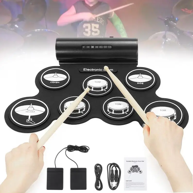 

Electronic Drum Digital USB MIDI 7 Pads Roll Up Set Silicone Electric Drum Pad Built-in Speakers with Drumsticks Sustain Pedal
