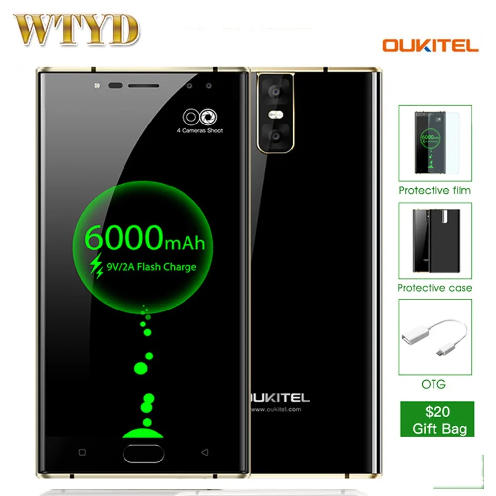 Oukitel K3 mt6750t восемь ядер 4G B + 6 5 &quotDual 2.5D Экран 6000 мАч 4 камеры 16MP 2MP спереди отпечатков