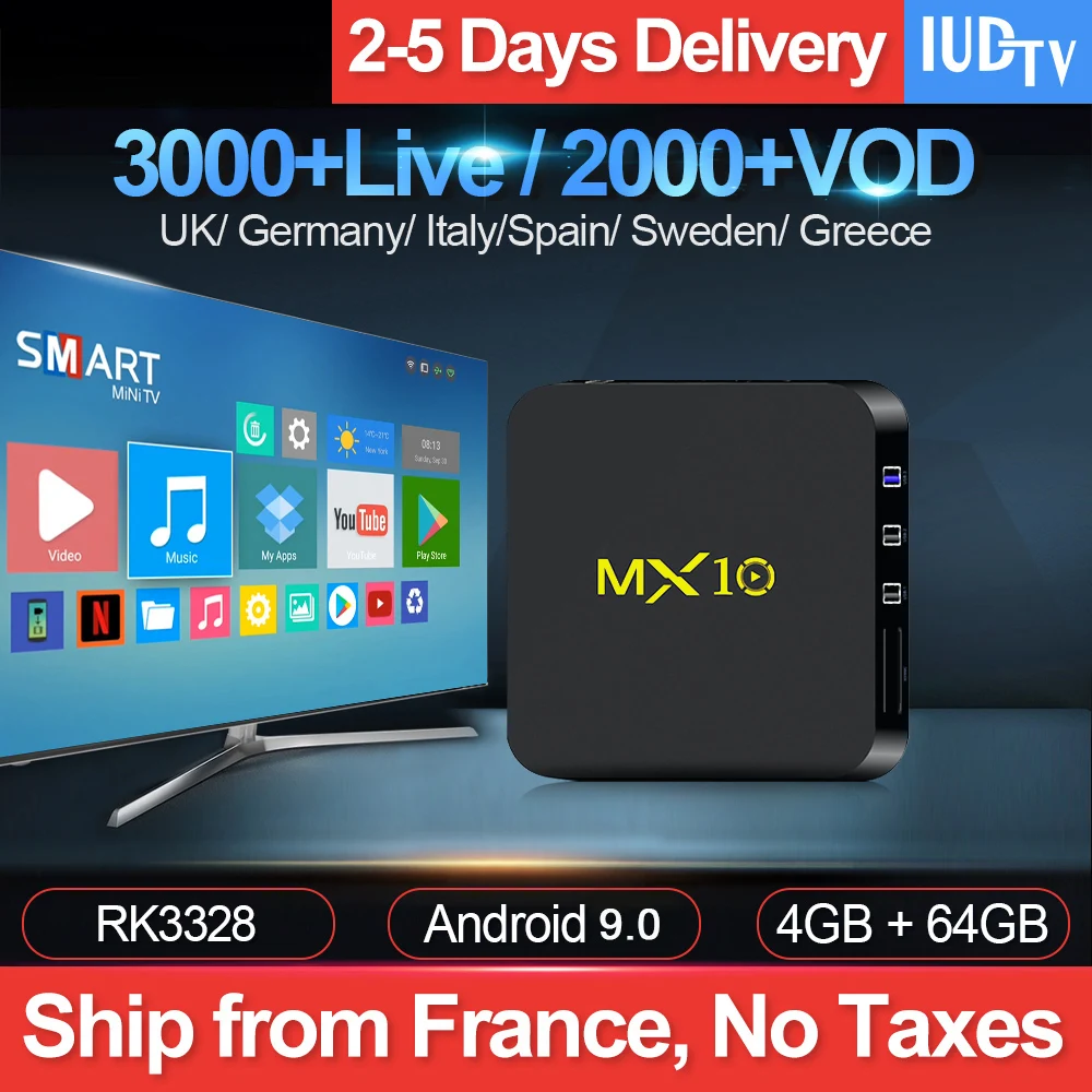 

MX10 IPTV Sweden Subscription Box Android 9.0 4G 64G USB3.0 RK3328 with IUDTV 1 Year Code Portugal Germany Italy Sweden IP TV