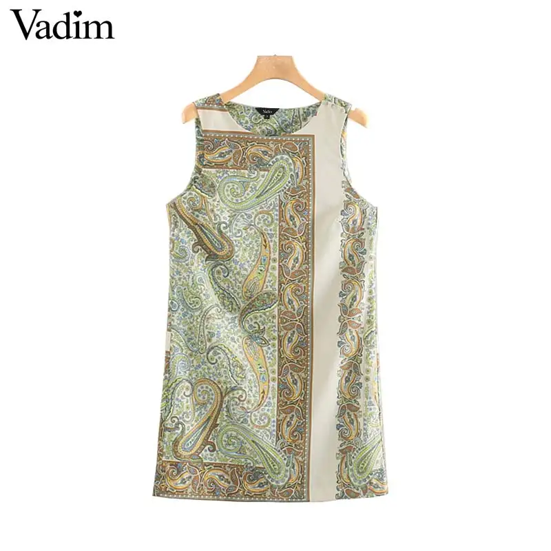 

Vadim women elegant paisley print mini dress sleeveless O neck straight style female casual cozy stylish dresses vestidos QC524