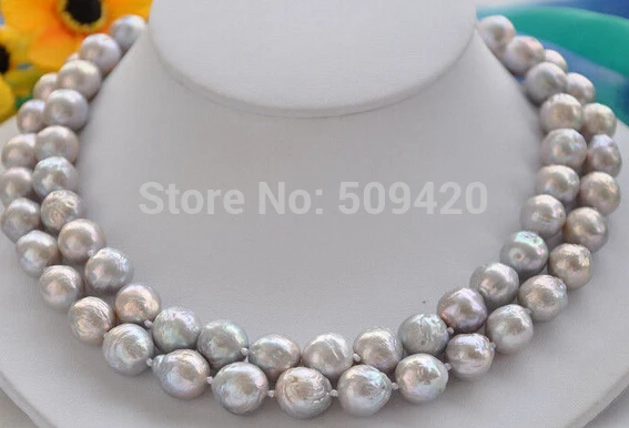 

FREE SHIPPING>>@> HOT >>2row 12mm gray almost round Edison PEARL NECKLACE
