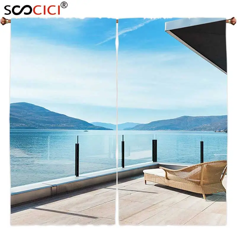 

Window Curtains Treatments 2 Panels,Patio Decor Penthouse Terrace with Ocean Sea and Mountain Landscape Photo Sky Blue Black