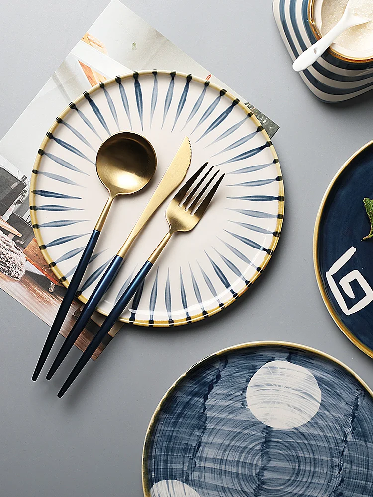 

Japanese Style Steak Dish Hand-painted Ceramics Snack Plate Retro Round Breakfast Dinner Plates Household Design Tableware Z575