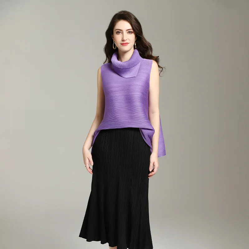 

Plus Size Tank Tops Summer Women 2019 New Big Stretch Miyake Pleated Turtleneck Solid Color Loose Women T Shirts Female