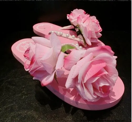 

2017 Women's shoes woman sandals Bohemia summer sandal shoes Pink Rose flowers flat with beach shoes flip flop Hot Sale