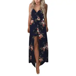 Мода Спагетти ремень для девочек комбинезоны сексуальная печати Для женщин Playsuit комбинезон летние пляжные длинные Повседневное V шеи