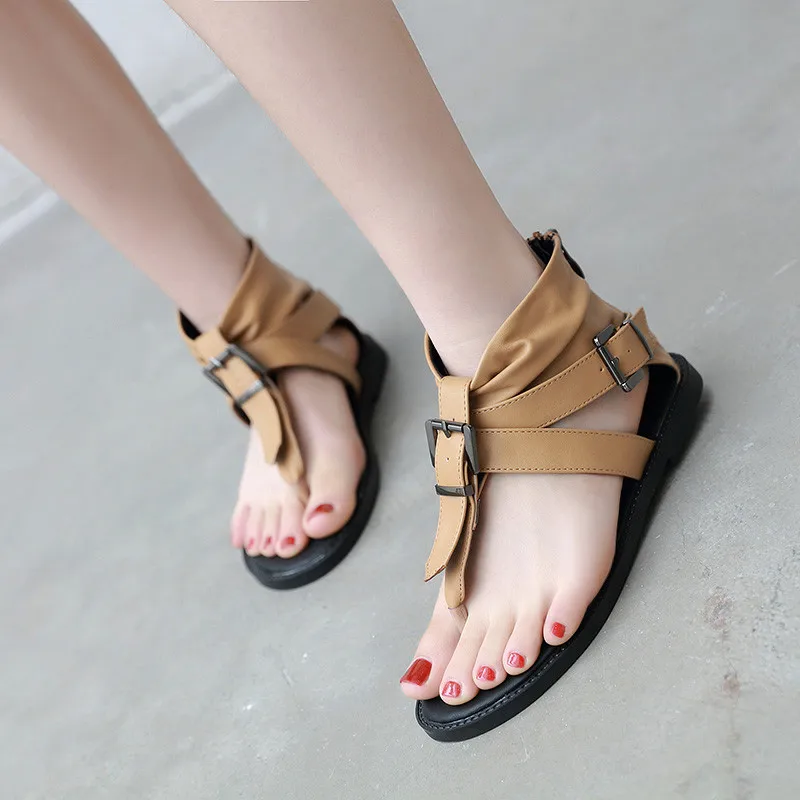 

YMECHIC Light Brown Black Flat Heel Beach Shoes Womens Flip Flops Flat Buckle Strap Design Flats Summer 2019 Gladiator Sandals
