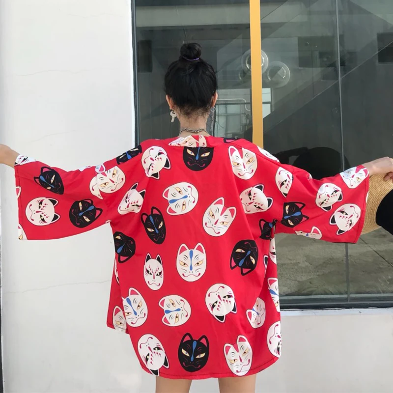 Harajuku Kimono Japanese Cats Printing Loose Casual Cardigan Sun Protect Blouse 2019 New Fashion Women Outwear