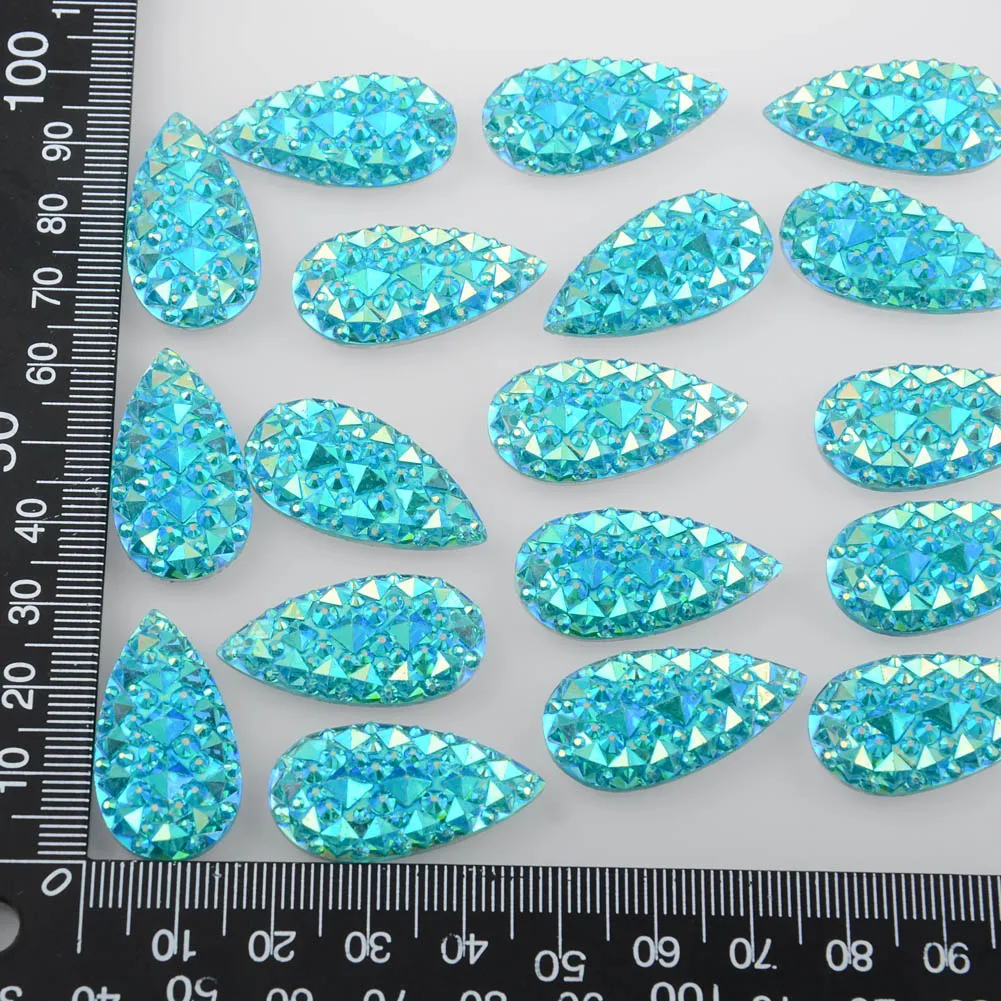 BOLIAO 10Pcs 16*30mm(0.63*1.18 in) AB Crystal Drop Light Blue Rhinestones Flatback Resin Sew On Clothes/Home Holiday Decoration