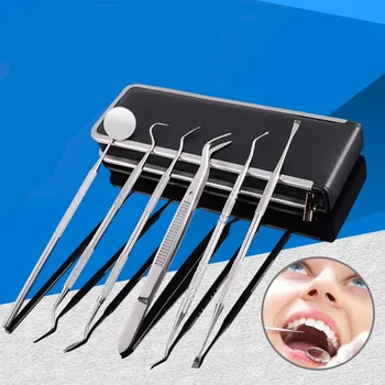 

Hot Sales 6 Pcs Dental Tool Dentist Teeth Clean Hygiene Explorer Mirror Tweezers Leather Case Tooth stone