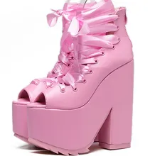Club sexy lace up bandage pink peep toe platform super very ultra high heel ankle boots creepers chunky heels cosplay punk shoes