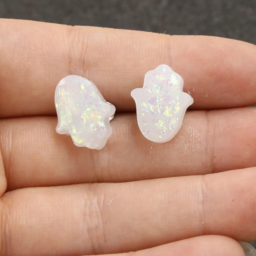 

New Arrival Fashion Blue Pink White Crystal Resin Opal Hamsa Hand Stud Earrings Fatima Palm Brincos For Women Girl Jewelry Gift