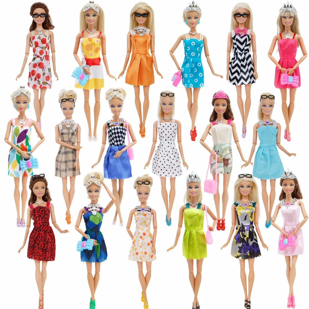 35 предметов/набор кукольных аксессуаров = 10 туфель+ 6 ожерелье 4 очки 3 короны 2 сумочки+ 10 шт. кукольная одежда платье для куклы Барби