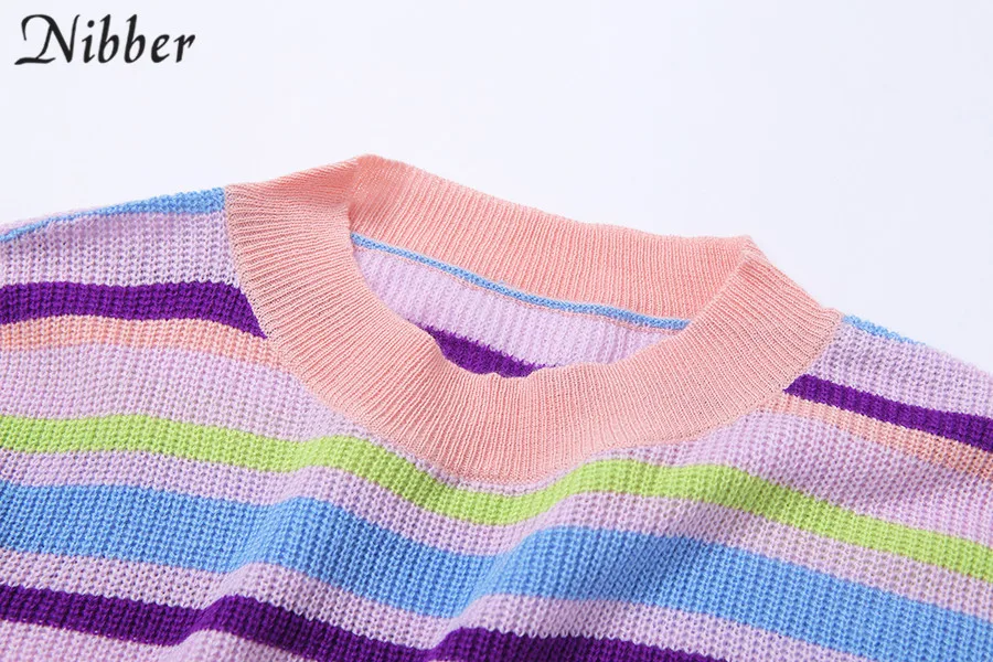 Nibber осень Харадзюку милый розовый полосатый свитер женский тонкий длинный рукав топы дикая тонкая мягкая короткая трикотажная футболка рубашка mujer