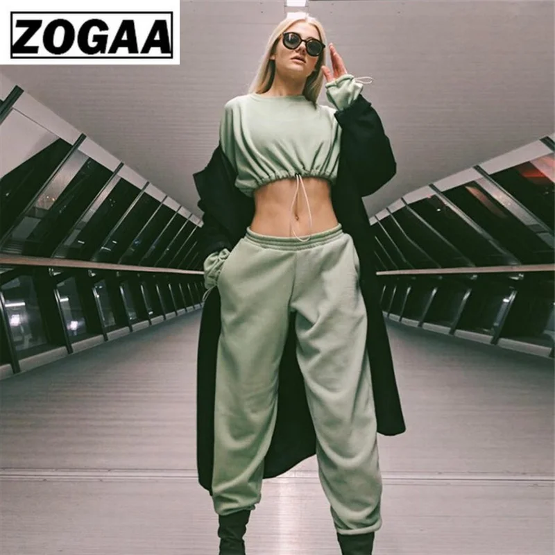 

ZOGGA Midriff-baring Women Jogging Sets O-neck Elastic Cord Female Sport Suit Spandex Wicking Fabric Running Suits women set