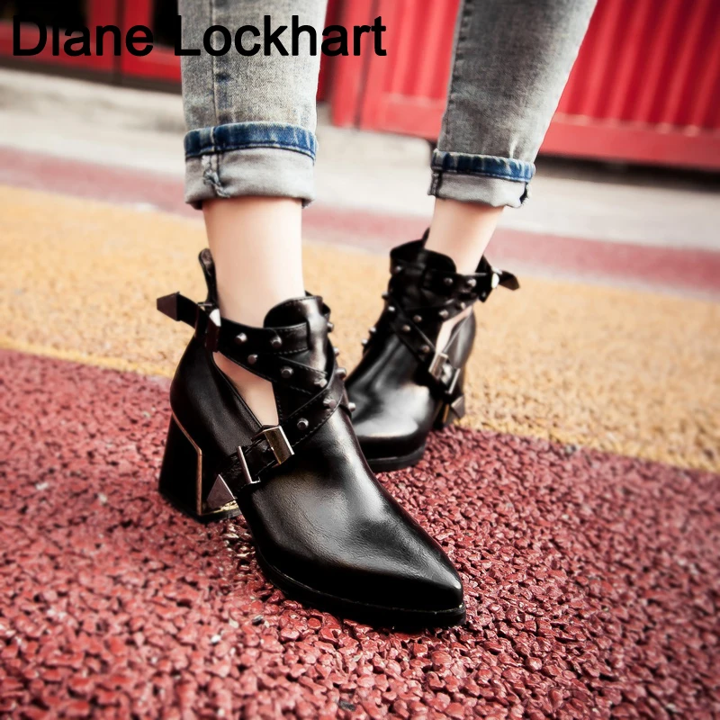 

New Metal Studded Rivets Short Boots Sandal Woman Pointy Toe Buckle Straps Ankle Boots Cut Out Fashion Cool Shoes Botas Mujer