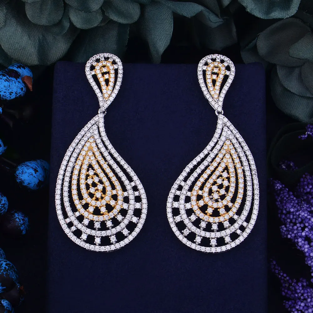 

GODKI 62mm Luxury Tear Water Drop Trendy Gold Silver 2 Tone Mixed Zirconia Naija Wedding Party Earring Fashion Jewelry for Women