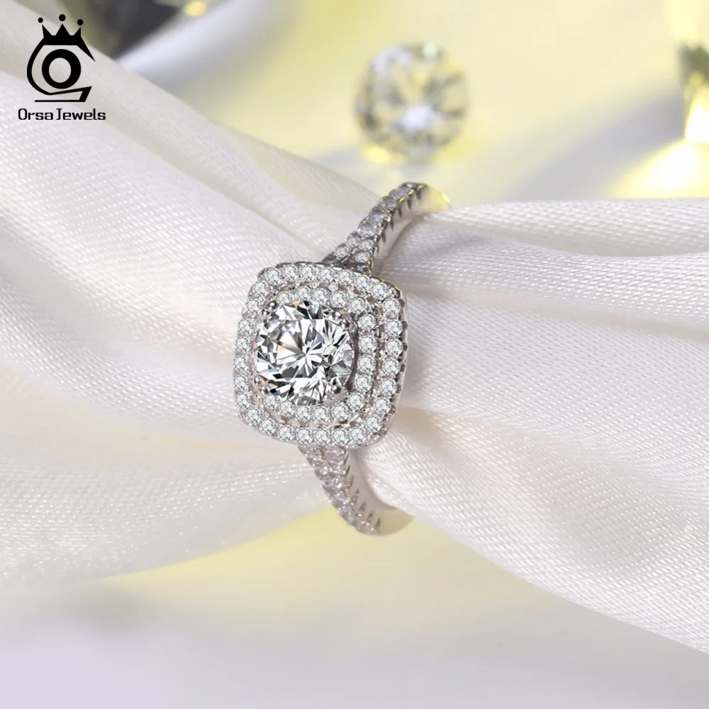 ORSA JEWELS Silver Color 0.85ct CZ Wedding Ring with Micro Paved 66pcs Austrian Cubic Zirconia Ring for Women Anniversary OR95