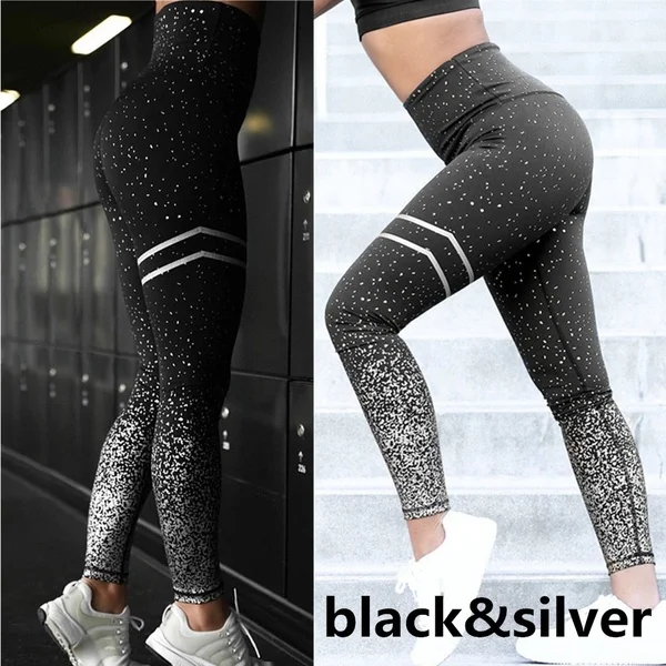 Штаны для спортзала и йоги, спортивная одежда для женщин, профессиональная одежда для бега для фитнеса для спорта, леггинсы, пуш-ап колготки, штаны с принтом - Цвет: Black and Silver