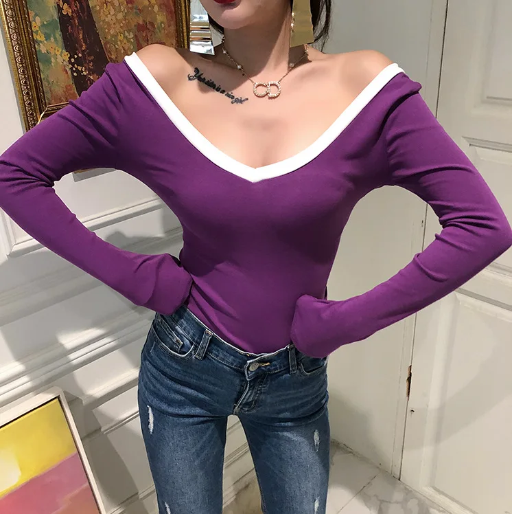 

2019 spring new V-neck slim sexy contrast color long-sleeved T-shirt