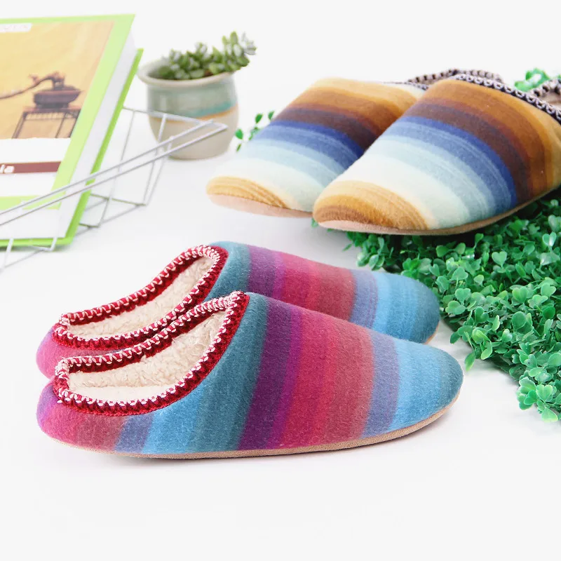 

Women Winter Warm Plush House Slippers Rainbow Stripes Couple Slip on Home Slippers Indoor Bedroom shoes Women Zapatillas Mujer