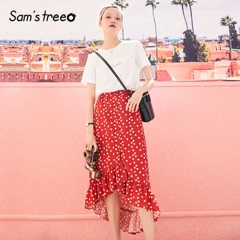 

Samstree Plus Size Women Sets Two Pieces Summer O-Neck Short Sleeve Letters White T-shirts Dotted Chiffon Skirt Female Suits