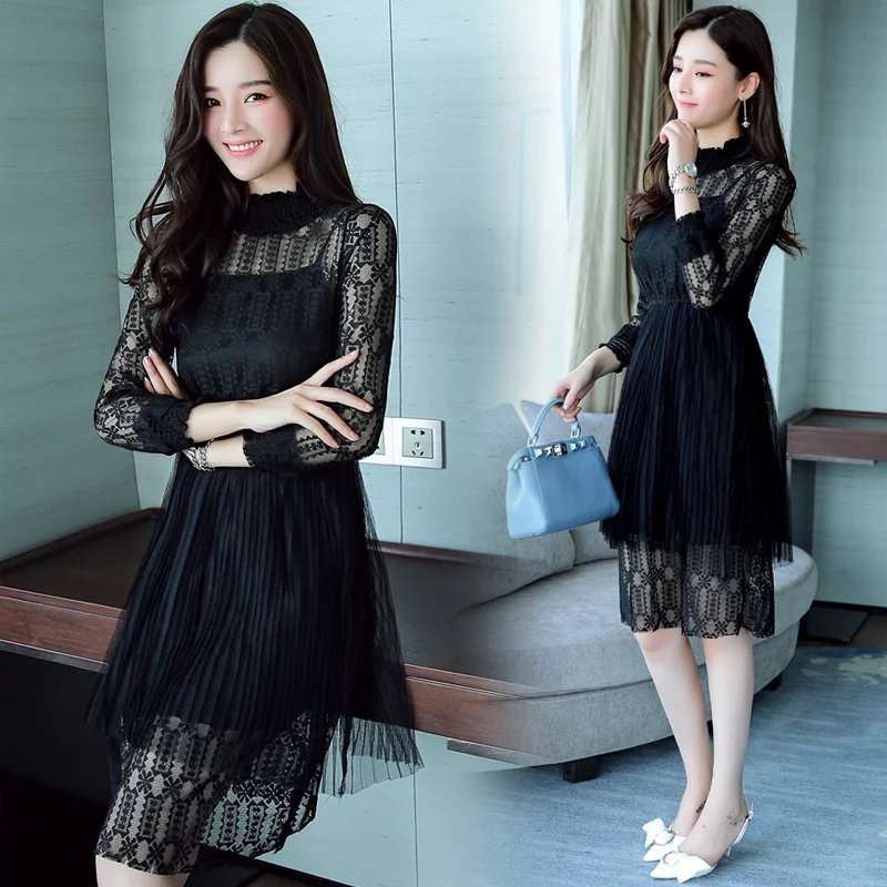 Autumn Winter New Vintage Lace Black Sexy Midi Dresses 2019 Korean