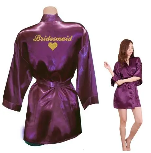 Bridesmaid Robes Bridesmaid Heart Golden Glitter Print Faux Silk Kimono Robes Wedding Gift Bride Team Bachelorette Lov - Цвет: purple Bridesmaid