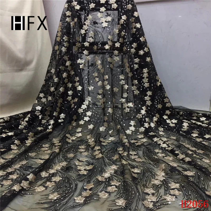 

HFX African Lace Fabric Glitter Black/Gold Sequin Embroidery Net Lace Latest Bridal Evening Dress French Tulle Lace Fabric X2056