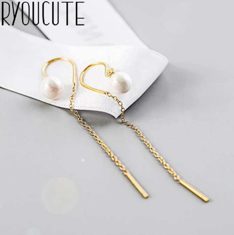 

Trendy Long Simulated Pearl Earrings Femme Gifts Ladies 925 Sterling Silver Earrings for Women Statement Jewelry Brincos