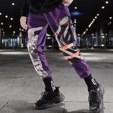 Мужские штаны с карманами в стиле хип-хоп, повседневные мужские штаны с принтом, Мужские штаны в стиле пэчворк с лентами, ветрозащитные брюки, уличная одежда, разноцветные брюки