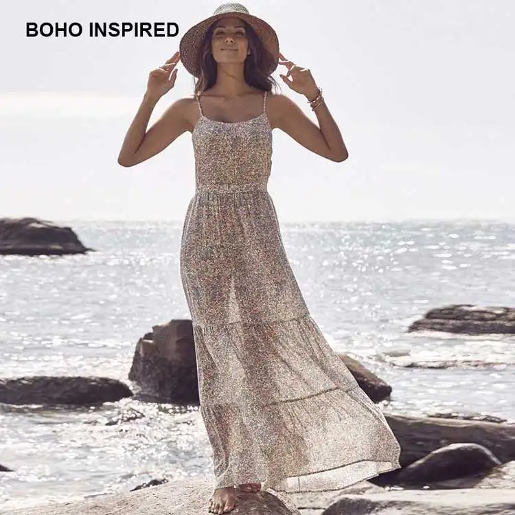 Womens Maxi Dress Vintage Floral Print Fitted Bodice Flowing Summer Dresses Strappy Casual 2019