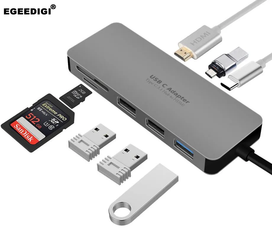 Egeedigi USB C HUB 7 in 1 docking station TF Card reader HDMI 4K Hub 3 USB 3.0 Adapter Type C PD Ch