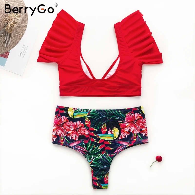 BerryGo Vintage print two pieces women bra sets Deep v ruffles high waist bathing suit swimwear Push up sexy elegant lingerie BerryGo Vintage print two pieces women bra sets Deep v ruffles high waist bathing suit swimwear Push up sexy elegant lingerie