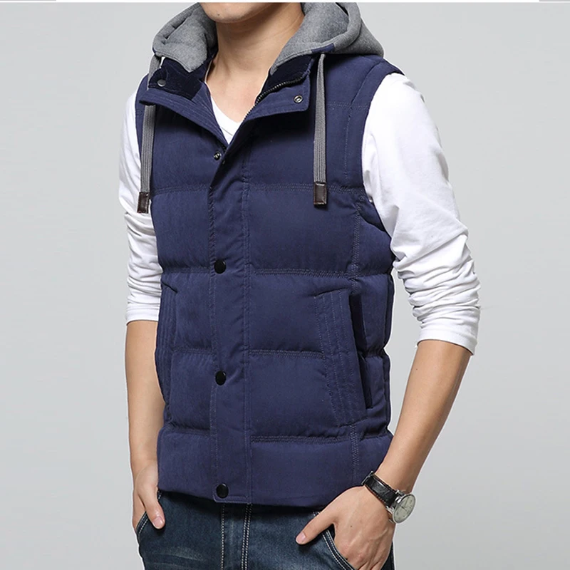 

High Quality Casual Men Vest Men Thickening Waistcoat Hat Detachable Outwear Winter Warm Jacket Sleeveless Veste Homme