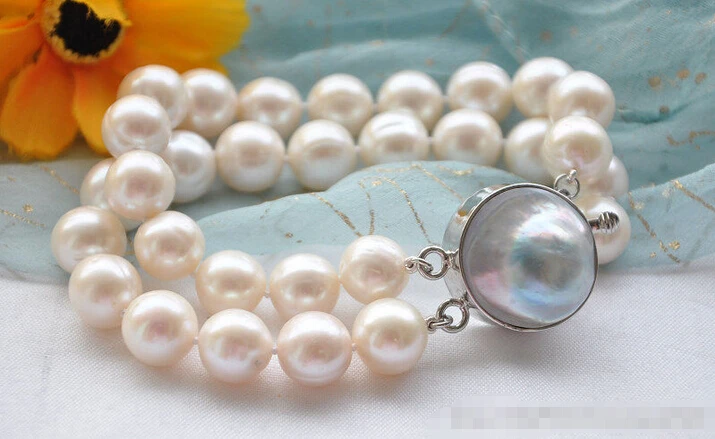 

Free shipping >>>>>>z5180 2strands 12mm white round freshwater white PEARL bracelet 8inch