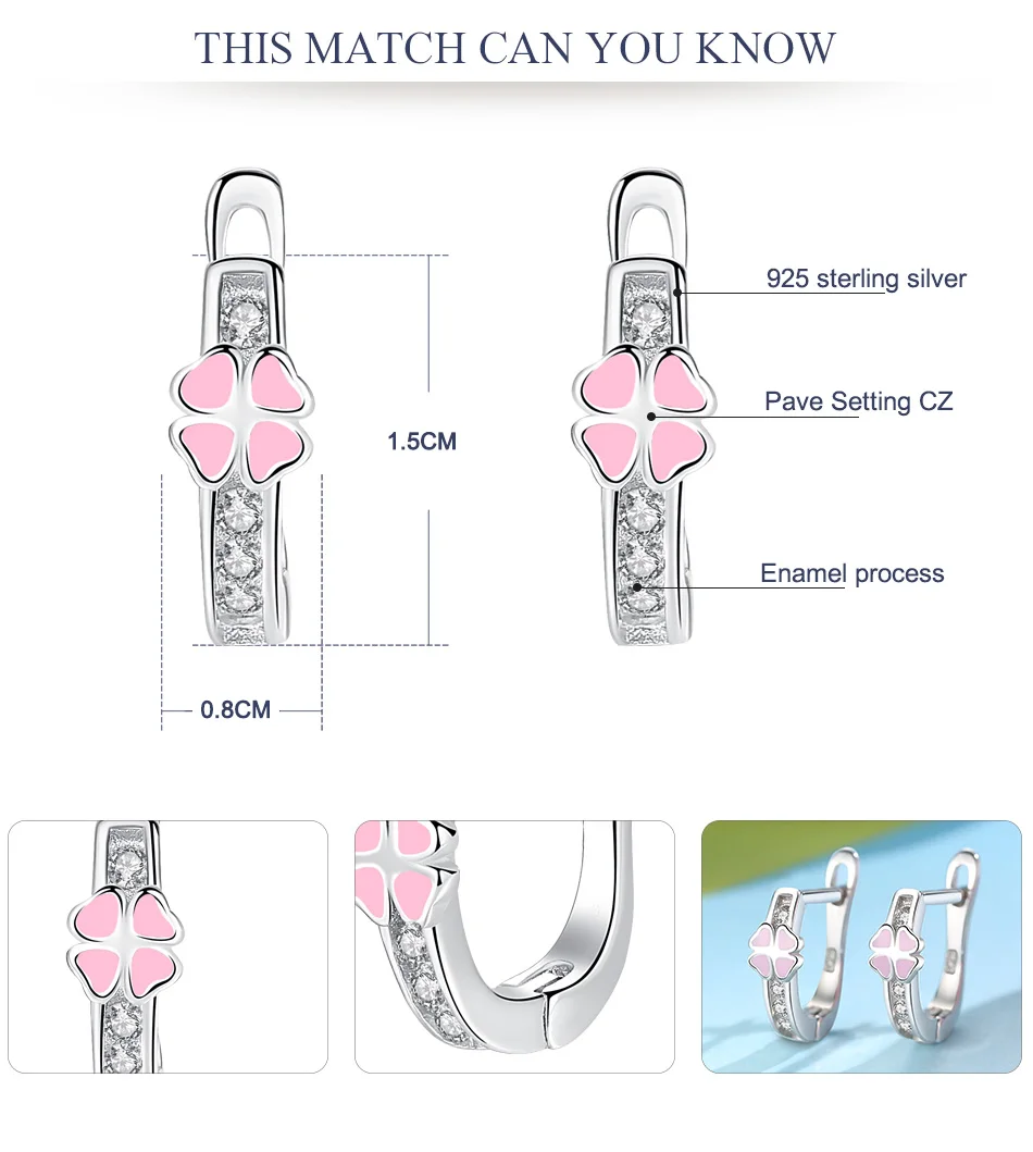 BELAWANG, весенние детские ювелирные изделия, 925 пробы, серебряные, четыре листа, маленькие серьги для детей, Розовая эмаль и прозрачные CZ серьги-кольца