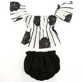 

Newborn Baby Girl Casual Rose Backless Off Shoulder Striped Tops Short Pants Cotton Outfit Set