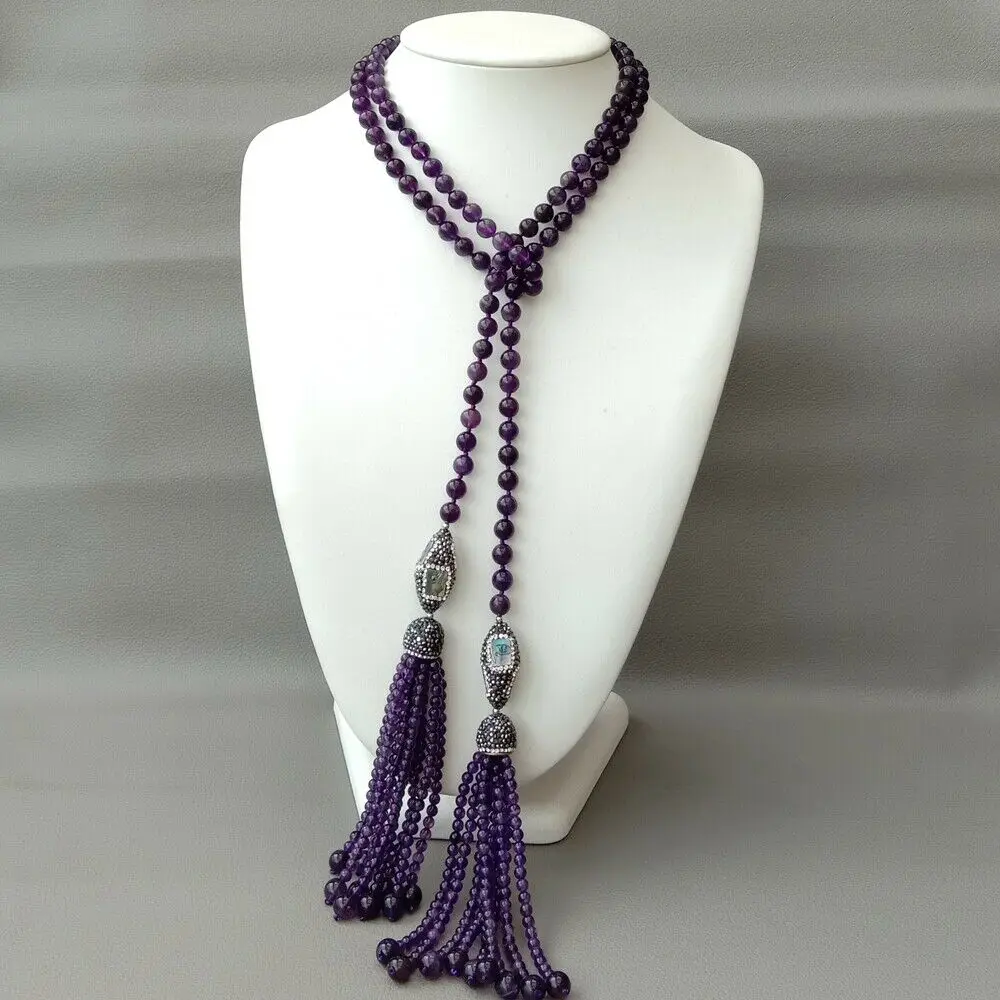 

54" Natural Purple Ametyst Abalone Shell Necklace Amethst Tassel