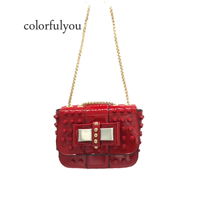 

NEW Rivet Bag Women bow Shoulder Bags Cross Body PU Patent Leather Luxury Handbags Women Bags Designer Black/red/yellow XPU1099