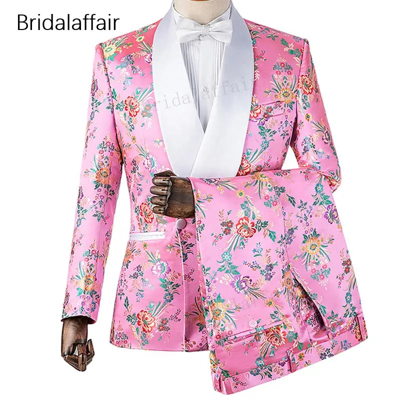 

KUSON New Designs Custom Made Groom Tuxedo Pink Floral Printed Men Suit Set For Wedding Prom Mens Suits 2Pcs 2018 (Jacket+Pants)