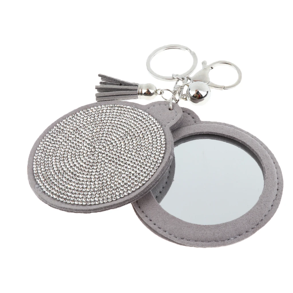 Woman Charm Key Chain Shape Round Crystal Keychain Tassel Mirror Grey
