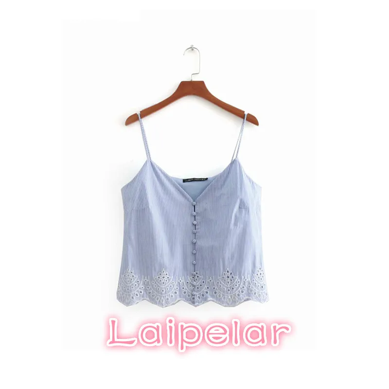 

Summer crop top women shirt 2018 button blue white striped tunic sexy lace crochet top korean streetwear Laipelar