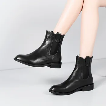 

MLJUESE 2020 women ankle boots soft cow leather autumn spring round toe low heels women Chelsea boots party dress wedding