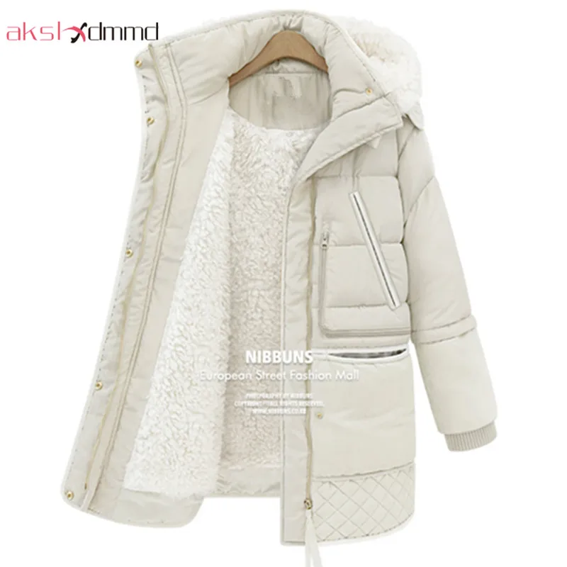 

AKSLXDMMD 2019 New Winter Plus Size Women Thick Padded Jackets Warm Hooded Long Slim Thin Lamb's Wool Jacket Coats Parkas LH284